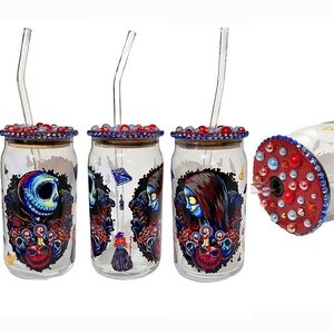 Jack Skellington Custom Glass Tumbler Cup 16oz Black Red Embellished